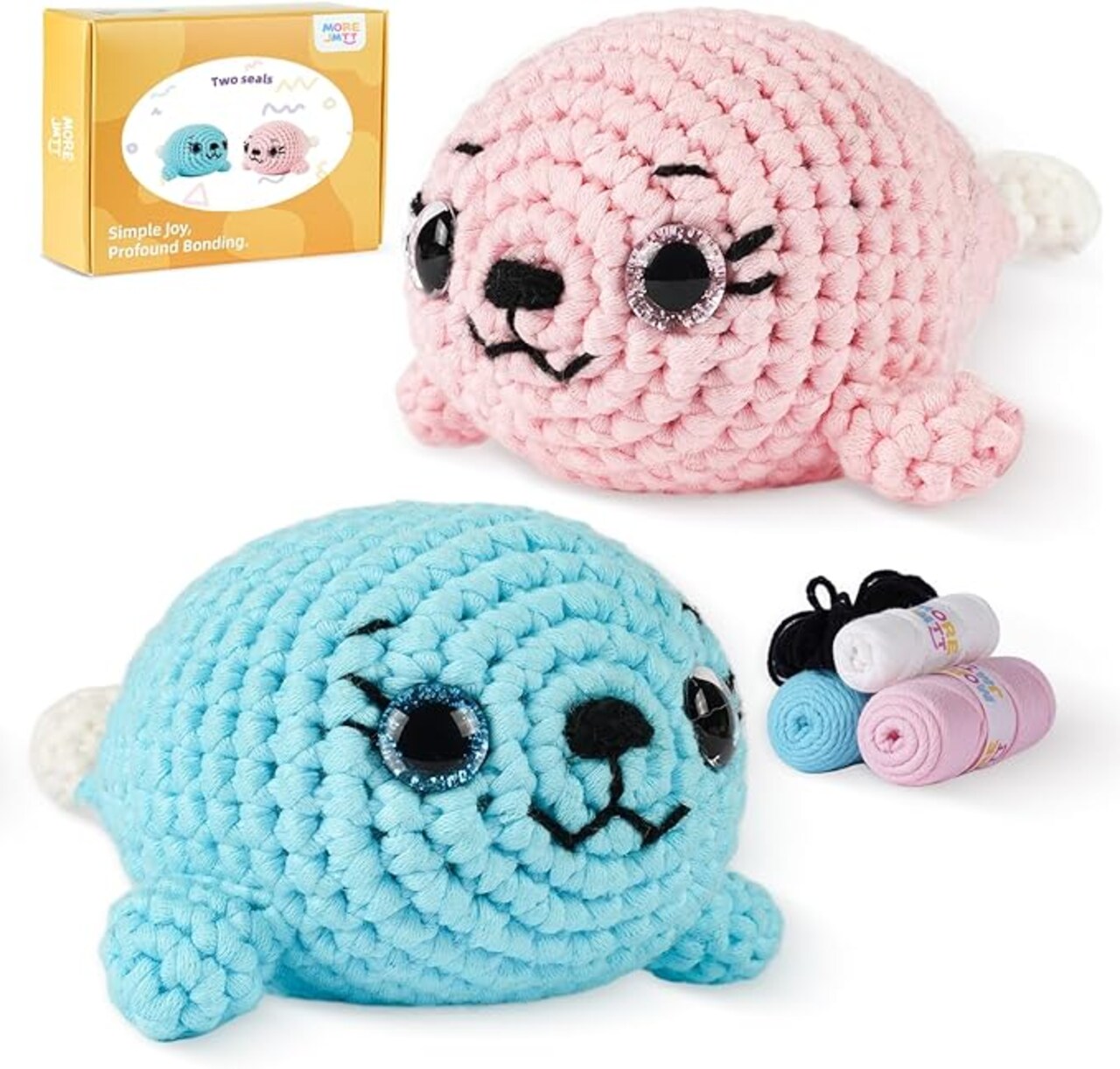 Crochet Kit for Beginners, Learn to Crochet, Include Easy Knitting Soft Yarn, Step-by-Step Video Tutorial, Hook, Holiday Birthday Gift for Adults (Pink Seal& Blue Seal)